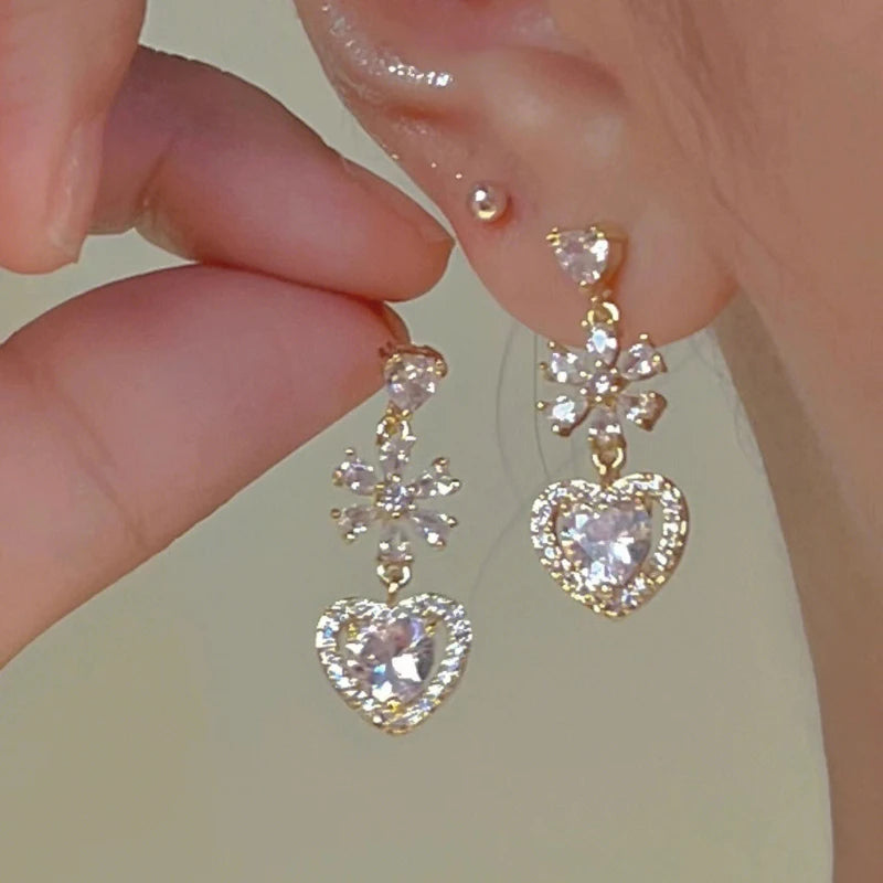 Exquisite Pink Heart Shape Bowknot Stud Earrings For Women Shining CZ Zircon Love Earring Girl Wedding Party Temperament Jewelry