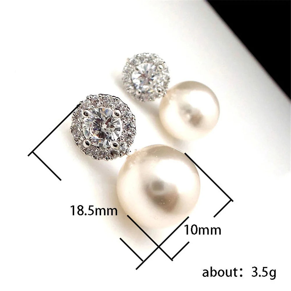Cute Female Stone White Zircon Pearl Stud Earrings Silver Color Wedding Jewelry For Women