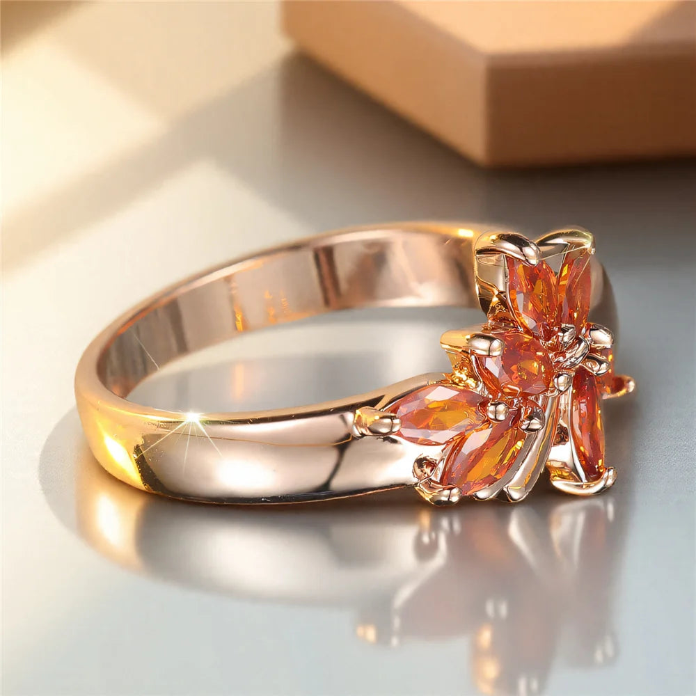 Cute Female Red Zircon Stone Tree Leaf Ring Rose Gold Color Engagement Charm Wedding Jewelry For Women
