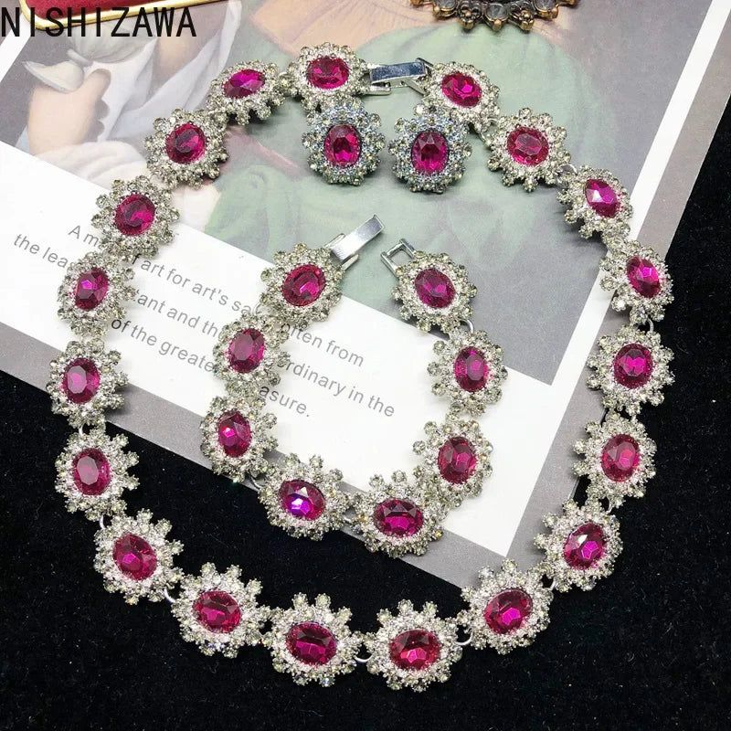 NISHIZAWA Rose Red Gemstones Stud Earrings for Women Geometric Palace Style Party Jewelry Vintage Exquisite Aretes De Mujer