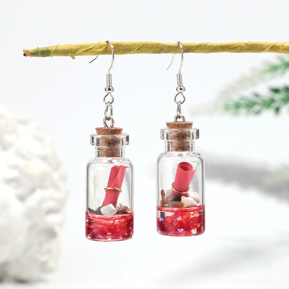 Creative Transparent Glass Drift Bottle Drop Earrings Cute Marine Animals Wish Bottle Dangle Earring Handmade Jewelry Gifts