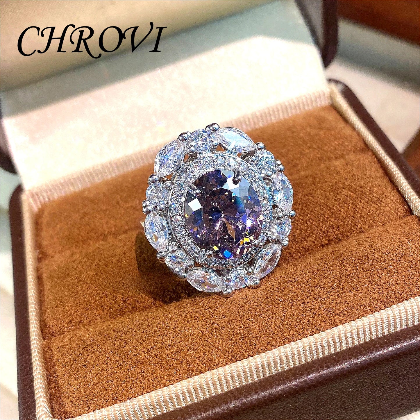 Fashionable Light Luxury 925 Sterling Silver Adjustable Gemstone Full Diamond Open Ring for Women, Versatile Millennial Style