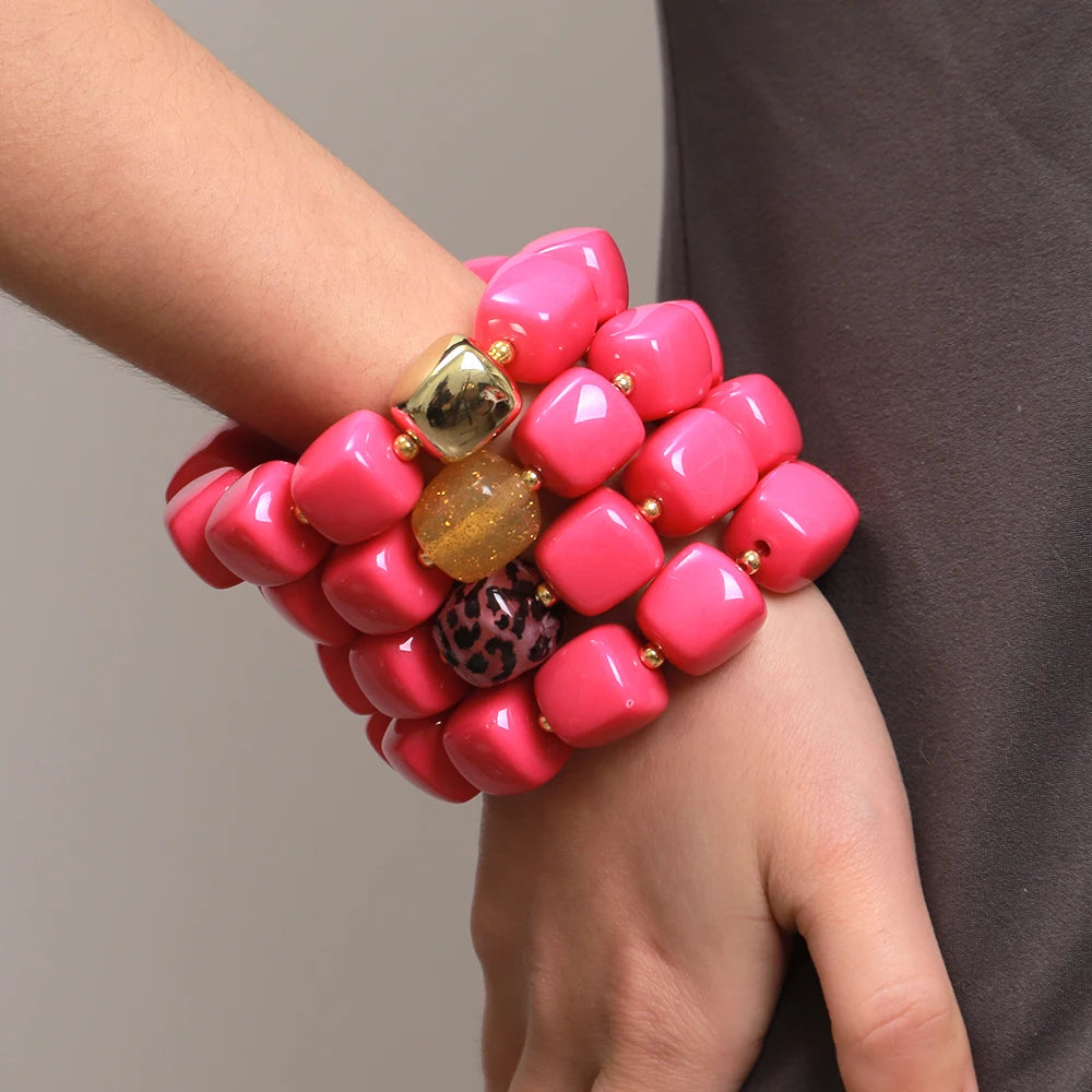 New Pink Square Breaded Elastic Bracelets for Women Resin Geometric Beads Stretch Cuff Bangle Bracelets Fashion Jewelry