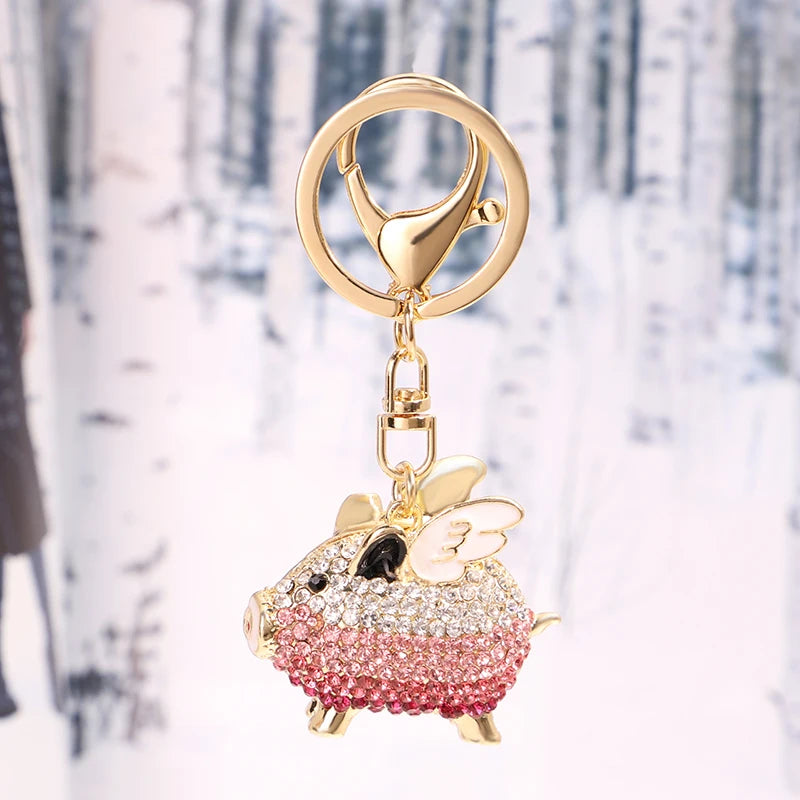 EASYA Cute Pig Shape Keychain Bag Key Ring Kawaii Anime Vintage Metal Crystal High-end Luxury Ladies Charm Jewelry gifts friends
