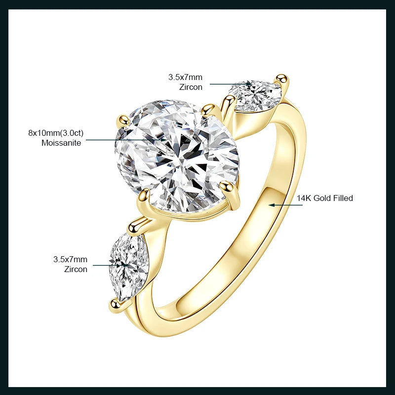 OXTAO Luxury Oval Cut Moissanite Ring 3CT D VVS1 Anniversary Gifts 3-Stone Stackable Wedding Bands Women Jewelry 14K Gold Filled