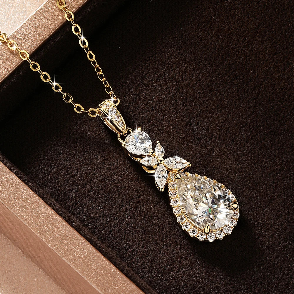 OXTAO 14K Gold Filled Teardrop Pendant Necklace 7x10.5mm Pear Shape Certified Moissanite Floral-Style Necklace for Women Jewelry