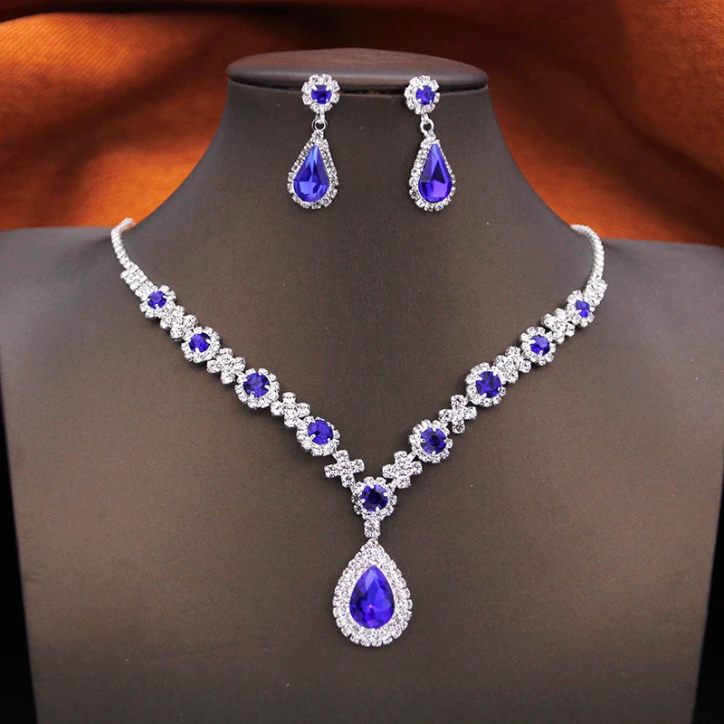 Women's Rhinestone Water Drop Bridal Jewelry Set Birthday Prom Purple Choker Necklace Earrings Wedding Bride Accessory Fashion