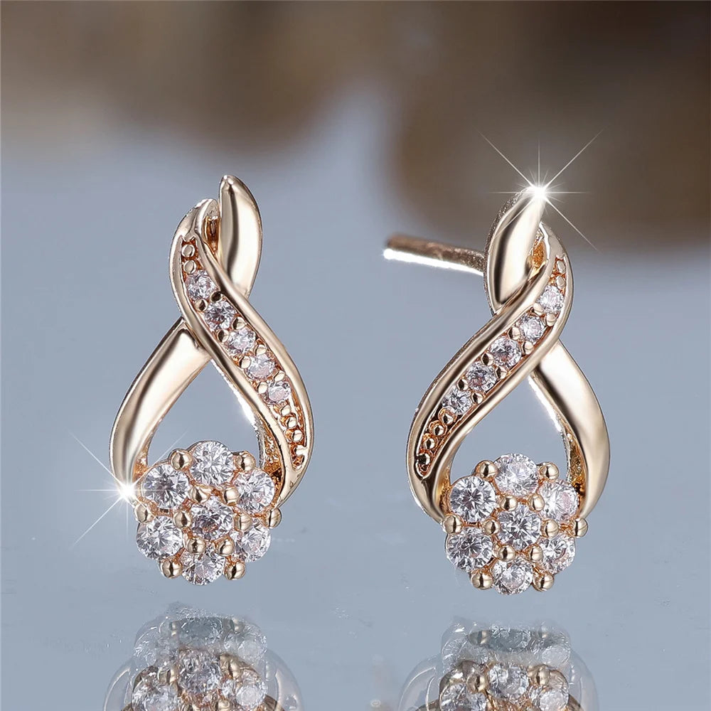 Cute Female Small White Round Stone Snowflake Stud Earrings Gold Color Zircon Wedding Jewelry For Women