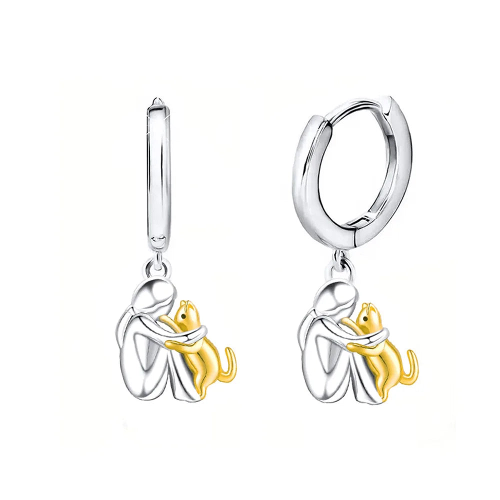 Fashion Two Tone Little Girl and Dog Earrings For Women Dog Mom Earrings Animal Puppy Jewelry