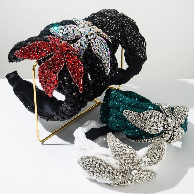 Vintage Rhinestone Sequin Velvet Wide Headband for Women Luxury Jeweled Flower Hair Hoop Elegant Bridal Hair Accessories
