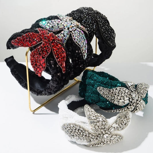 Vintage Rhinestone Sequin Velvet Wide Headband for Women Luxury Jeweled Flower Hair Hoop Elegant Bridal Hair Accessories