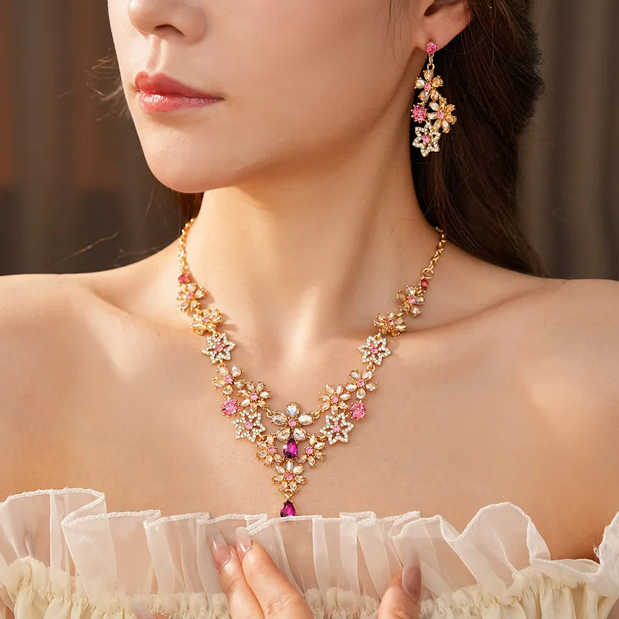 Vintage Inlaid Rhinestone Flowers Snowflake Jewelry Sets for Women Retro Exquisite Versatile Light Luxury Earring Necklace Set