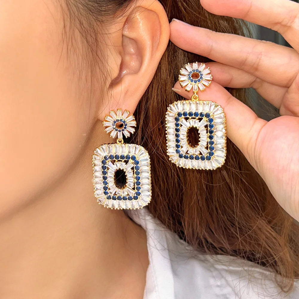 ThreeGraces Luxurious Shining Baguette Cubic Zirconia Long Big Dangle Drop Earrings for Women New Trendy Party Jewelry E1035