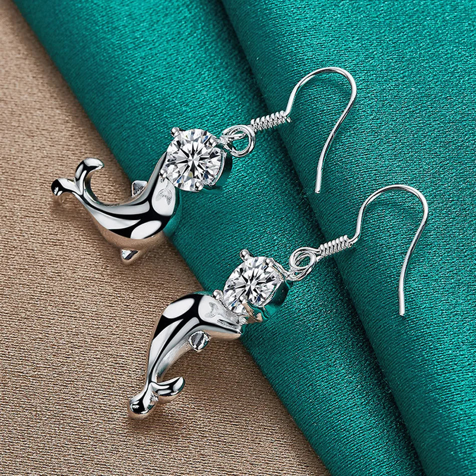 URMYLADY 925 Sterling Silver Dolphin Zircon Earrings Eardrop For Women Charm Wedding Fashion Engagement Jewelry