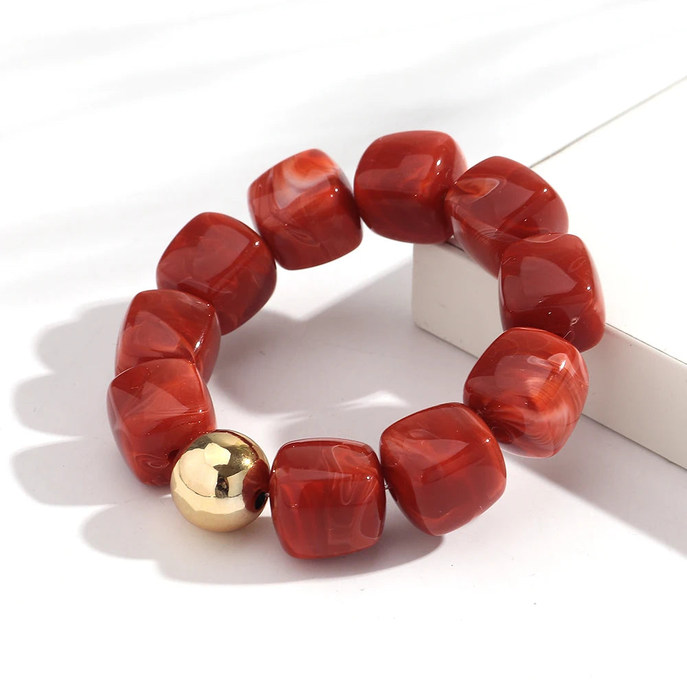 Acrylic Multicolor Irregular Beads Stretchy Bracelets Bangles for Women Resin Marbled Beaded Geometric Elastic Bracelet Jewelry