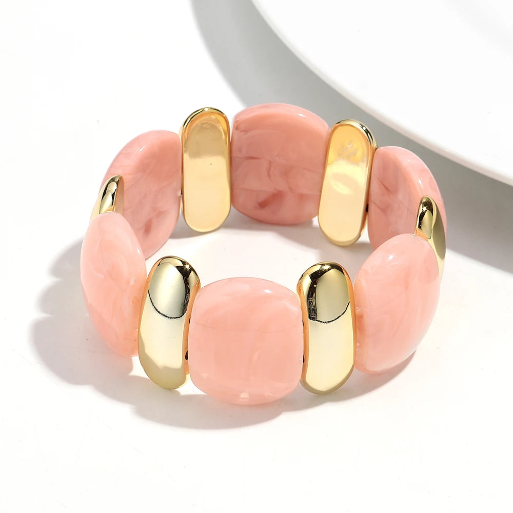 Elegant Acrylic Marble Geometric Petal Curved Beads Elastic Bracelets Trendy CCB Bead Chunky Bangles Bracelet Women Accessories