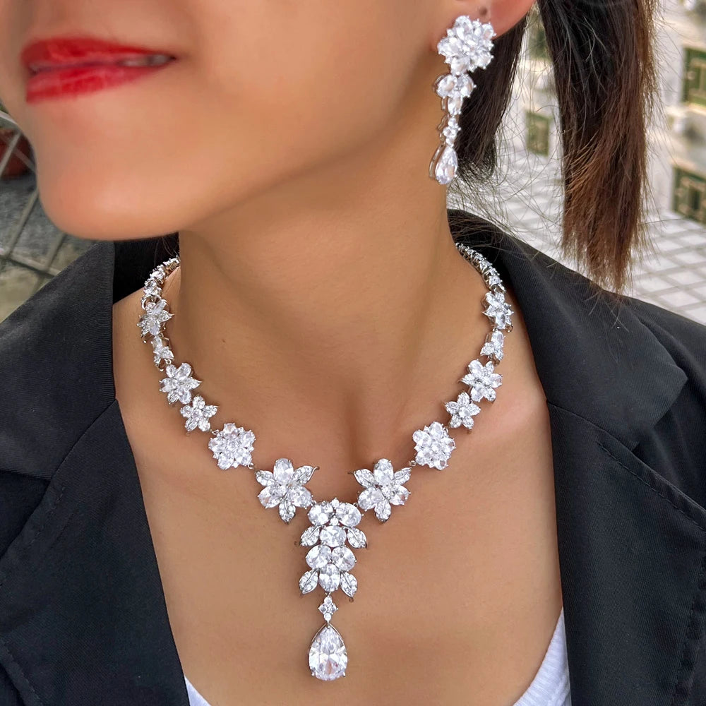 ThreeGraces Luxurious Shiny Water Drop Zirconia Long Flower Necklace Earrings Bridal Wedding Party Jewelry Set for Women T1028