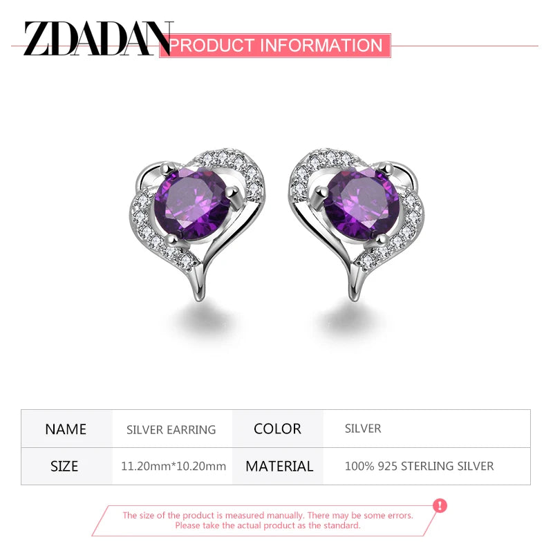 ZDADAN 925 Sterling Silver Heart Amethyst Earring For Women Fashion Jewelry Accessories