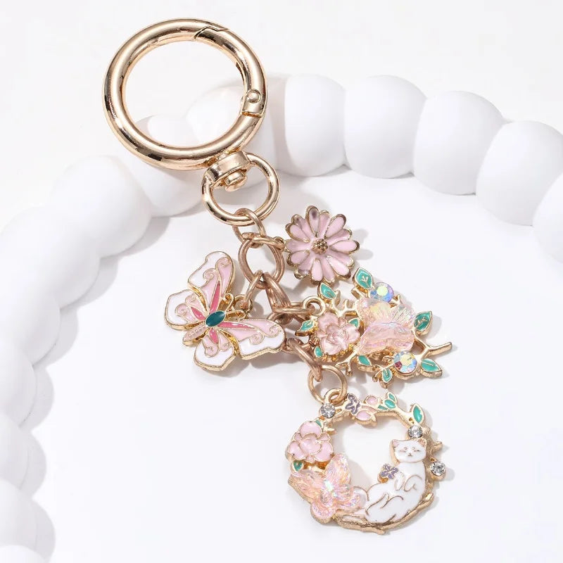 Pretty Cat Butterfly Flowers Enamel Keychain Cute Animals Plants Key Ring For Women Girls Handmade Friendship Gift Diy Jewelry