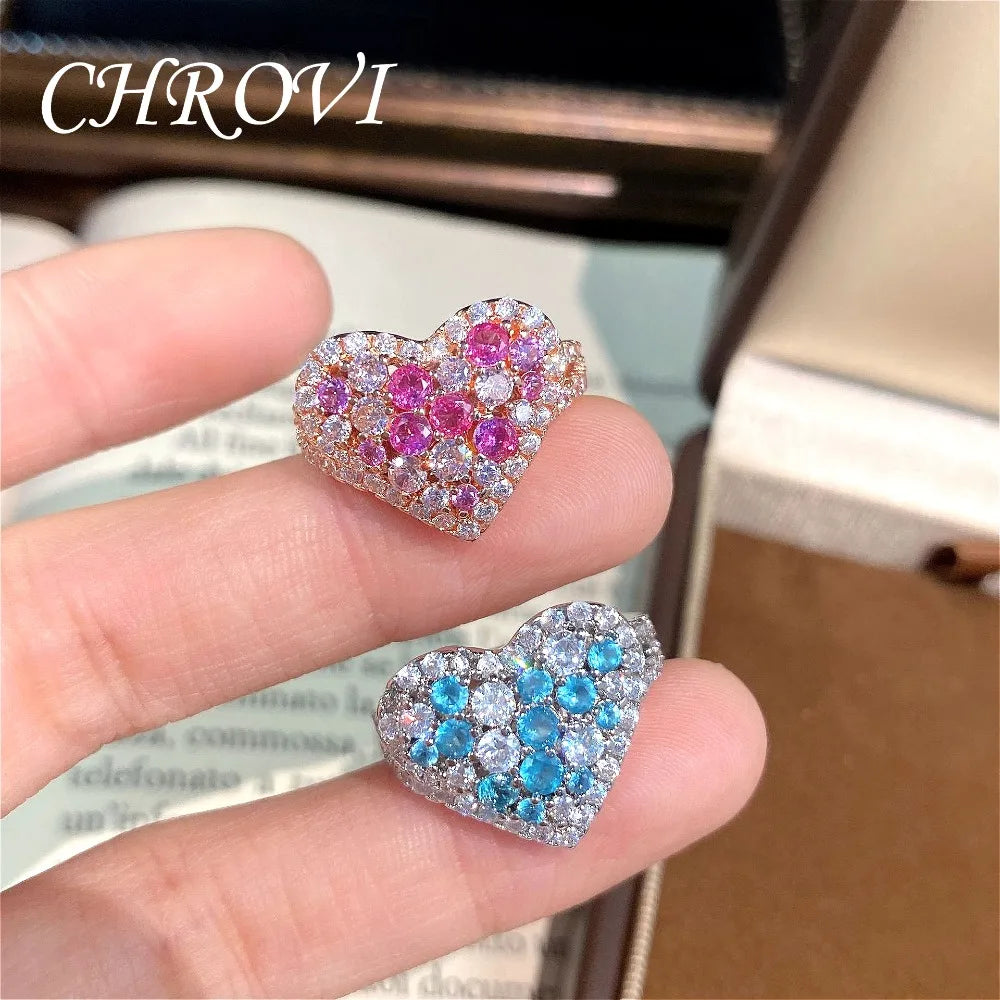 New 925 Sterling Silver Dazzling Full-Diamond Heart Ring, Trendy Luxury niche Sweet Heart-Shaped Ring for Women