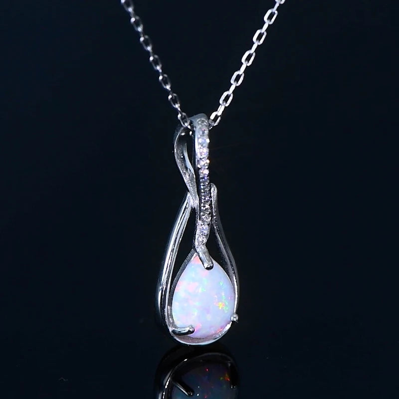 925 Sterling Silver Fashion Zircon Necklace 10x7mm Water Drop White Opal Ladies Pendant Necklace for Women Elegant Gemstone Gift