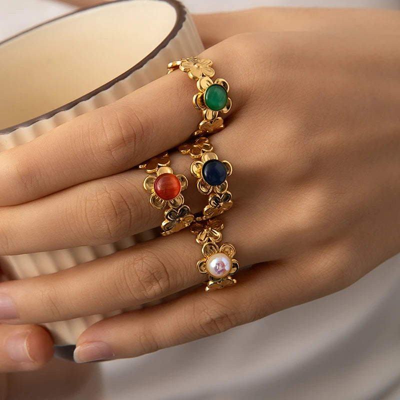 ANENJERY 316L Stainless Steel Flower Inlaid Colorful Stone Open Ring for Women Men Beauty Delicate Jewelry Gifts Wholesale