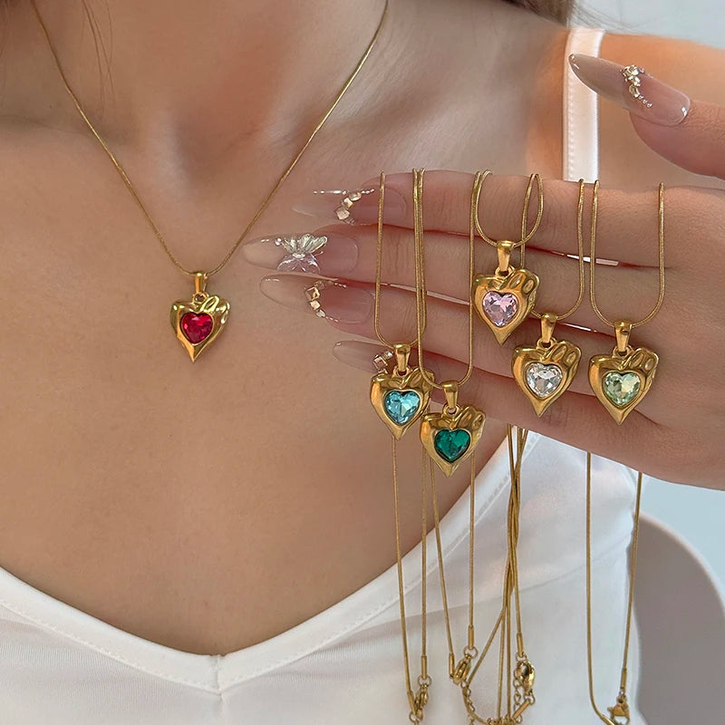 ANENJERY 316L Stainless Steel Irregular Geometry Heart Pendant Necklace For Women Simple French Temperament Fashion Jewelry Gift