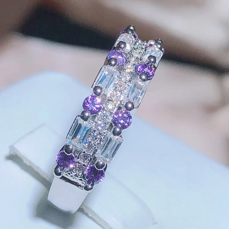 New Fashion Square Ring Purple AAA+ Zircon Micro-inlay For Women 925 Stamp Classic Two-color Zircon Full Drill Wedding Rings