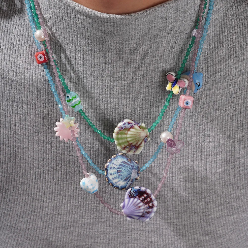 Handmade Weave Multi Colored Rice Beads Dolphin Neckalce Women Color Texture Shell Scallop Oysters Summer Beach Charm Jewelry