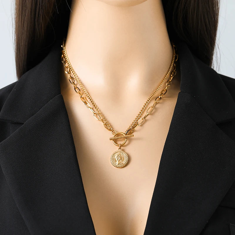 EILIECK 316L Stainless Steel Gold Color Portrait Coin Pendant Necklace For Women Fashion New Gift OT Buckle Neck Chain Jewelry