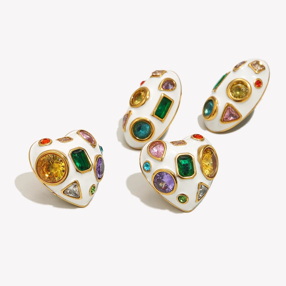 E.B.belle White Enamel Oval/Heart Coloful Geometric Zircon 18K Gold Plated Stainless Steel Women Party Statement Jewelry Gifts