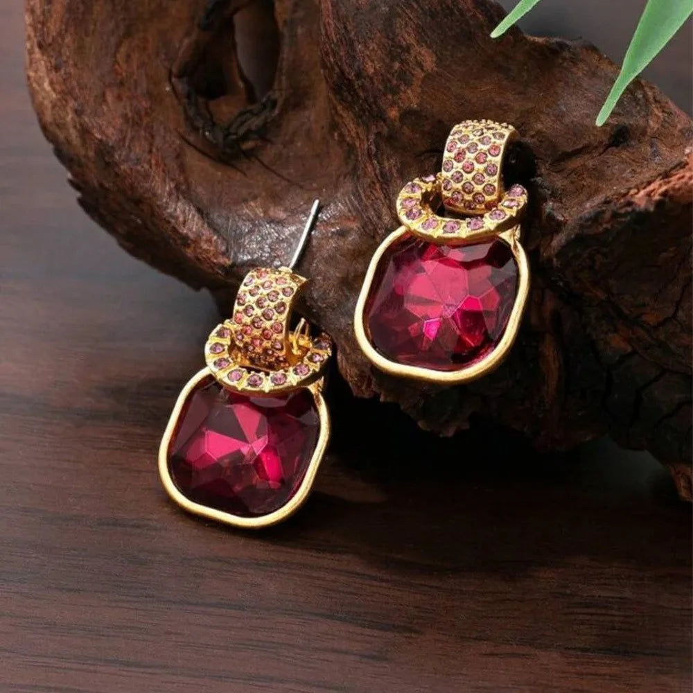 Retro Luxury Fashion Purple Square Sugar Ring Buckle Earrings for Women's High-End Accessories for Daily Commuting, Parties
