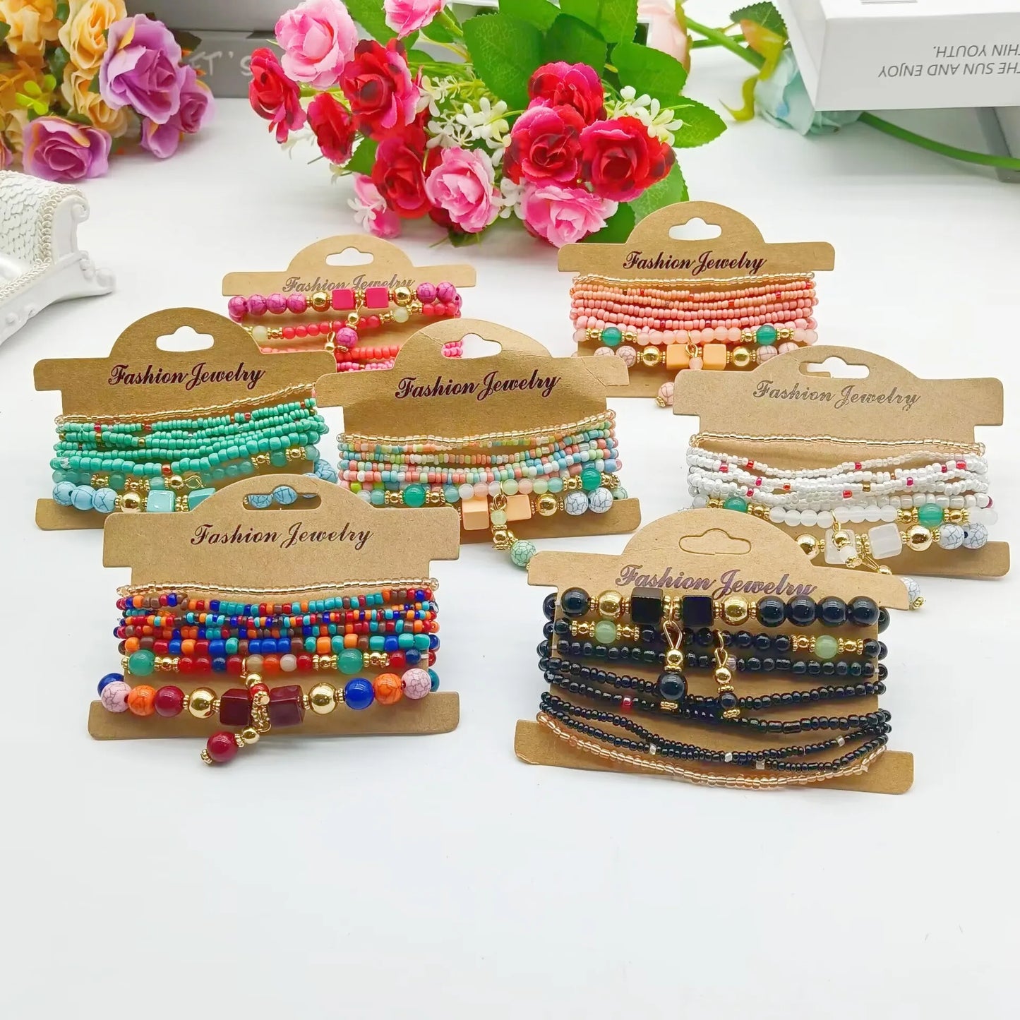 Bohemia Colorful Rice Beads Bracelet Set For Women Summer Handmade Beaded Chain Bangle Female Boho Ethnic Jewelry Gift