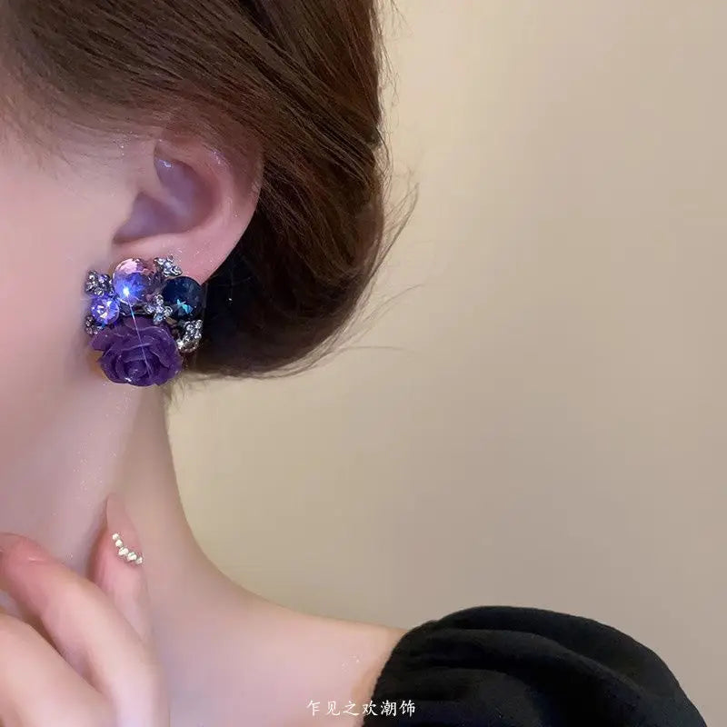 Charming Purple Crystal Flower Stud Earrings For Women Korean Fashion Romantic Rhinestone Rose Earrings Wedding Party Jewelry