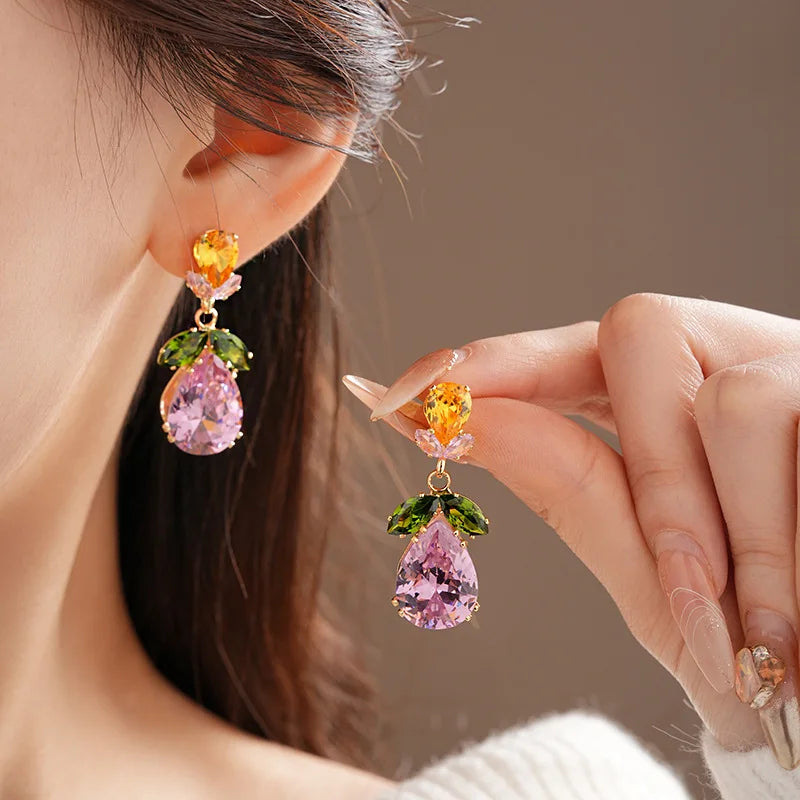 Colorful Zircon Flowers Water Drop Earrings Pendant Necklace Women's Charm Elegant Fashion Jewelry Set Accessories Party Dress G
