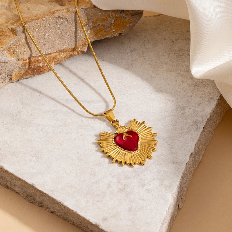ANENJERY 316L Stainless Steel Red Heart Geometry Pendant Necklace For Women Vintage French Elegant Jewelry Gifts Wholesale