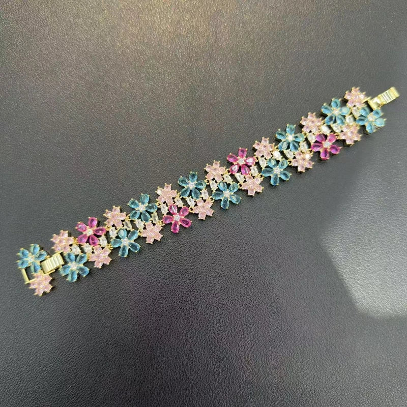Luxury Cubic Zirconia Gemstone Bracelet Ring Earring Jewelry Set for Women Wedding Gift Colorful Stone Five Petal Flower Design