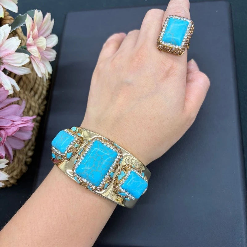 Vintage Luxury Gold Plated Jewelry Set for Women Turquoise Rhinestone Bangle & Ring Elegant Statement Wedding Party Accessories