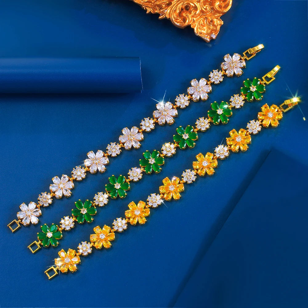 ThreeGraces Fashion Shiny Cubic Zirconia Blue Pink Flower Charms Designer Bridal Bracelet for Women Daily Party Jewelry B608