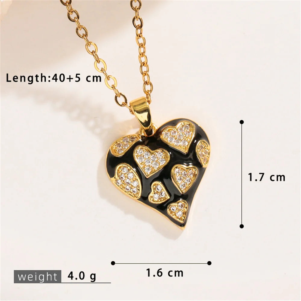 New Fashion Overlap Small Heart Love Charm Female Pink Green Zircon Pendant Necklace Gold Color Wedding Jewelry For Cute Women
