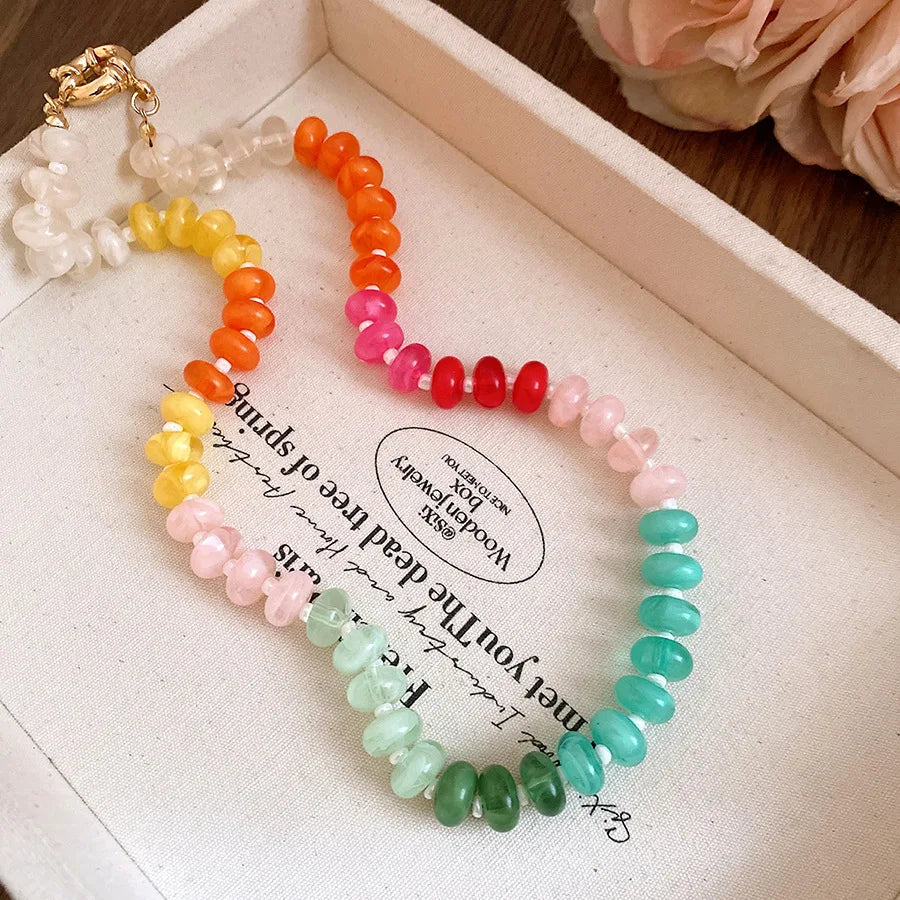 European American Jewelry Rainbow Acrylic Beaded Clavicle Chain Dopamine Sweet Irregular Necklace for Women