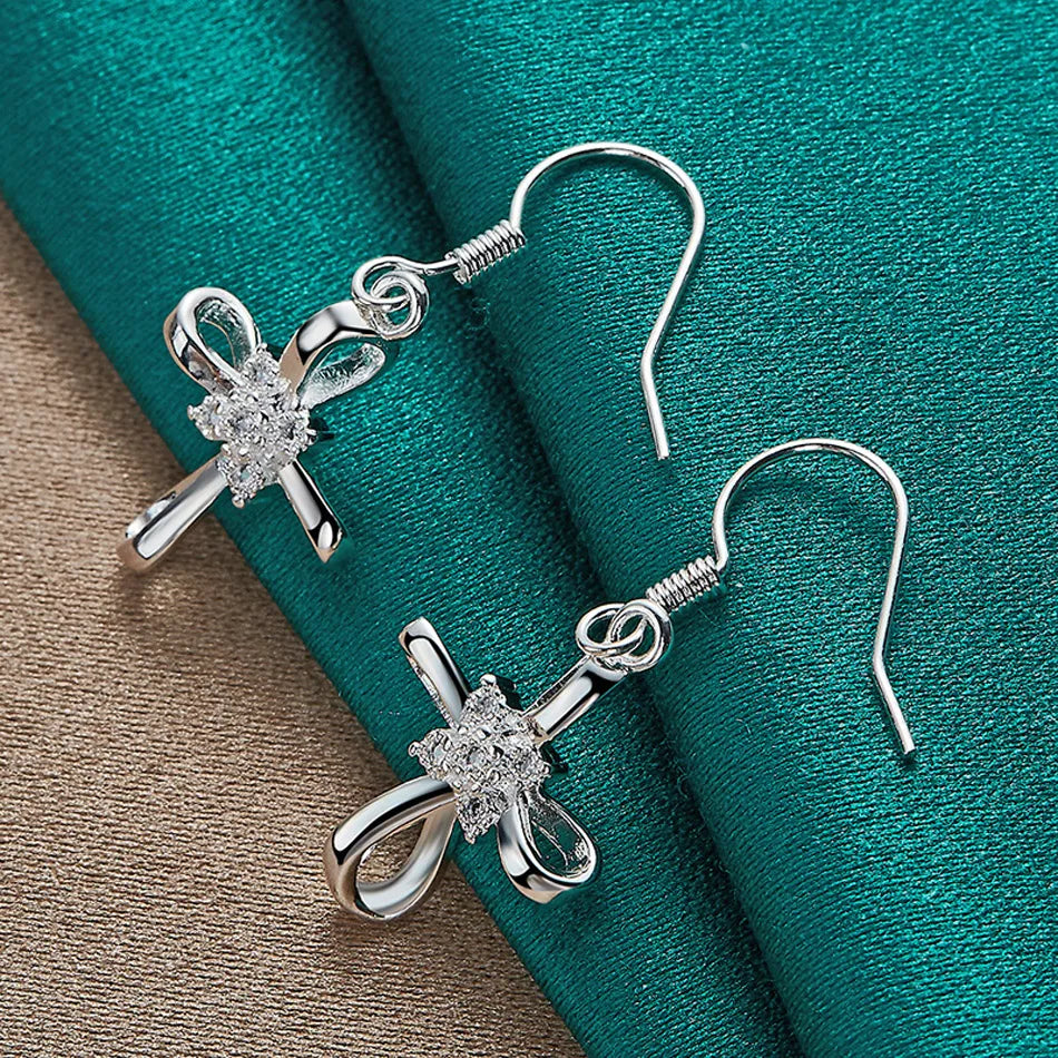 URMYLADY 925 Sterling Silver Bowknot Zircon Earrings For Women Wedding Party Charm Jewelry