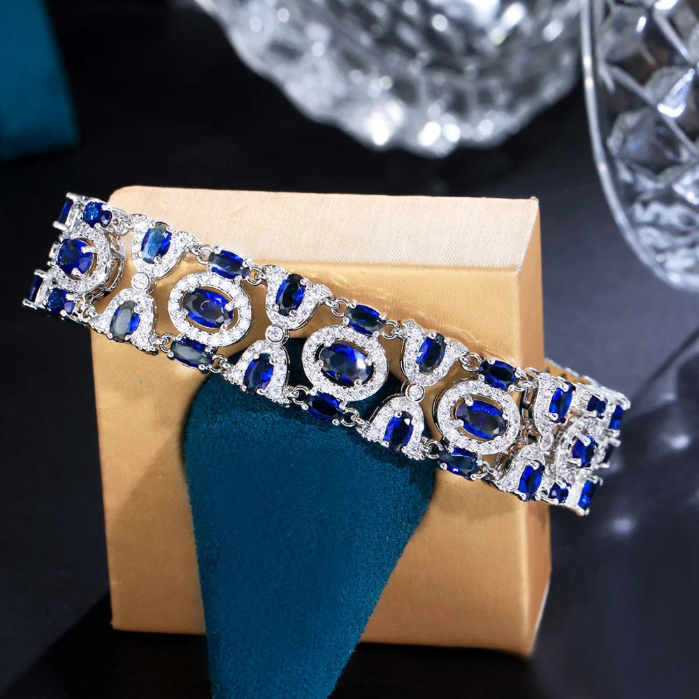 ThreeGraces High Quality Light Blue Cubic Zirconia Silver Color Elegant Link Chain Bridal Bracelet for Women Party Jewelry BR310