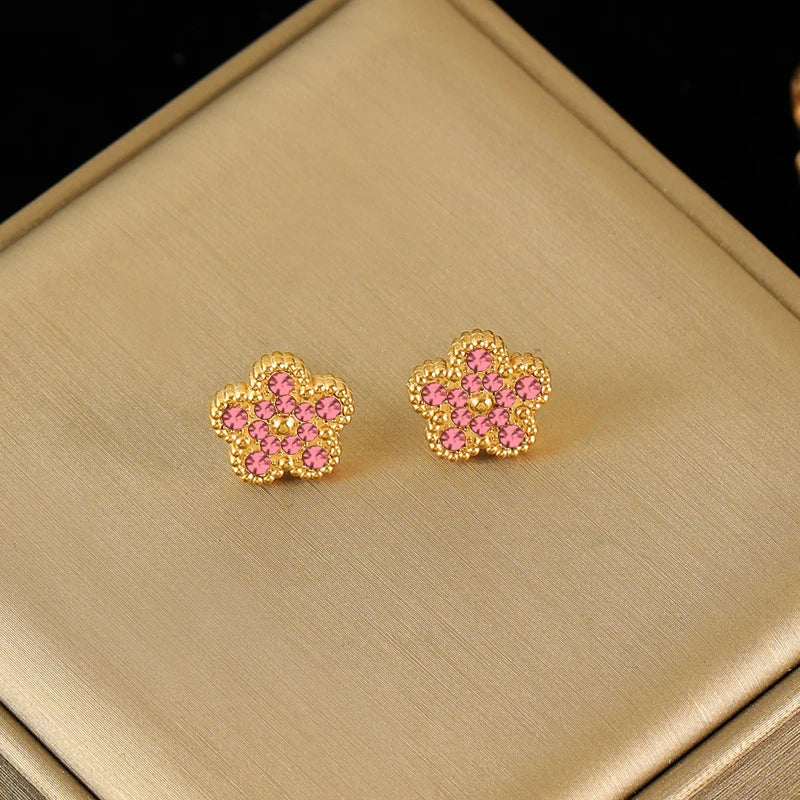 EILIECK New Fashion Stainless Steel Pink Zircon Clover Necklace Bracelet Earrings Set For Women Trendy Flower Jewelry Set Gift