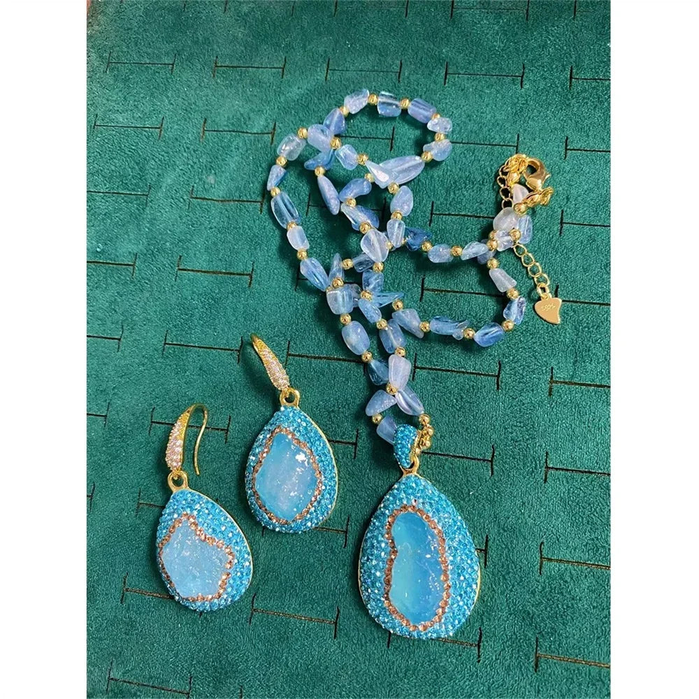 Turkish Raw Baroque Aquamarine Crystal Jewelry Set for Women Rhinestone Quartz Irregular Stone Necklace Ring Hook Earring Sets