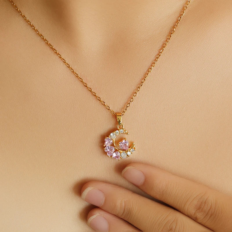 EILIECK 316L Stainless Steel Luxury Bling Zircon Moon Heart Pendant Necklace For Women 18K PVD Plated Neck Chain Jewelry Gift