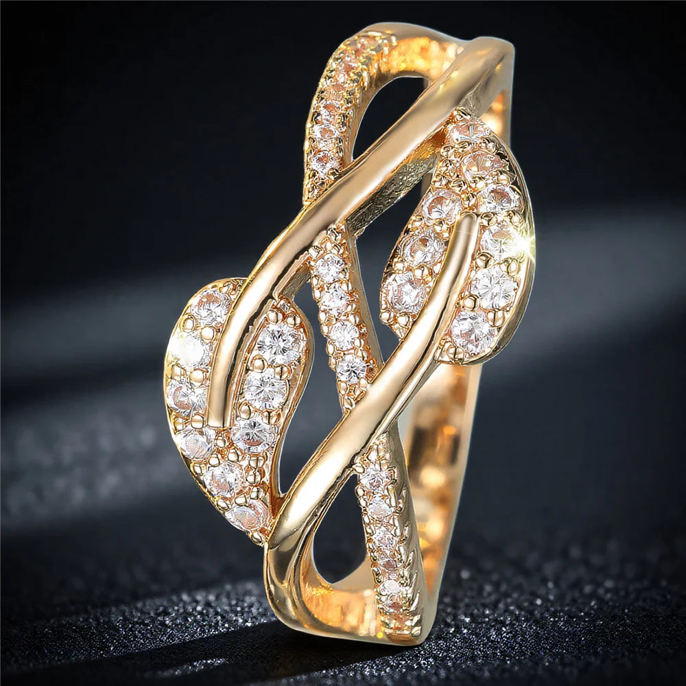 Cute Female White Zircon Stone Tree Leaf Ring Gold Color Engagement Charm Wedding Jewelry For Women