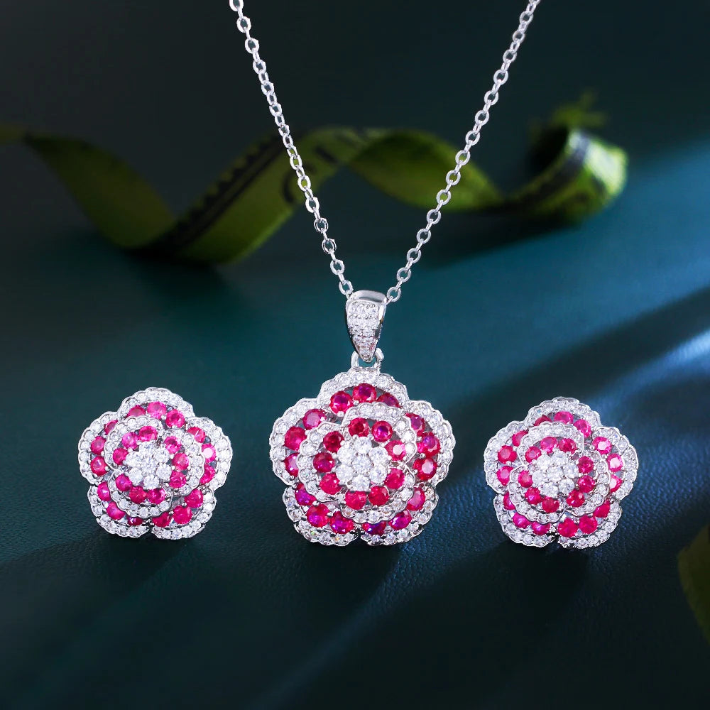 ThreeGraces Elegant Rose Red Cubic Zirconia Unique Flower Pendant Necklace and Stud Earrings Party Jewelry Set for Women JS715