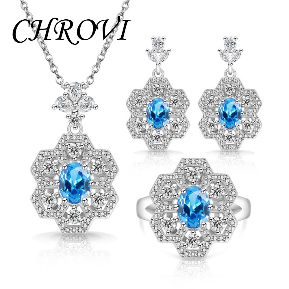 Exquisite 925 sterling silver popular flower-shaped diamond-set pendant necklace, ring, earring set jewelry set