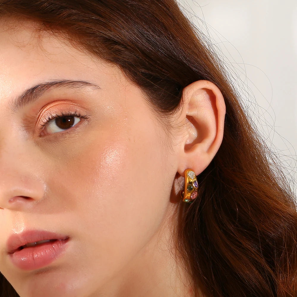 E.B.belle Geometry Colorful Zircon C-shpaed Stud Earring Basic Fahsion Stainless Steel Women Jewelry Waterproof Hypoallergenic